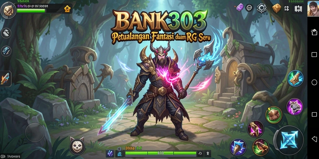 Screenshot BANK303 menampilkan karakter bertarung melawan monster dalam dunia fantasi yang menakjubkan.