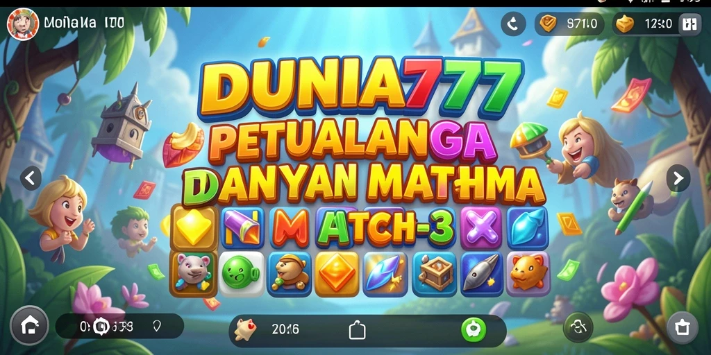 Screenshot gameplay DUNIA777 dengan karakter dan simbol Match-3.