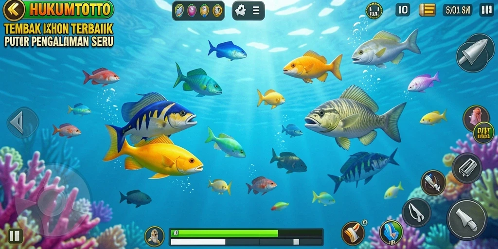 Screenshot gameplay HUKUMTOTO menampilkan aksi menembak ikan yang seru.