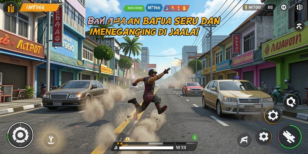 Tampilan gameplay seru dengan mobil balap sedang melaju kencang.