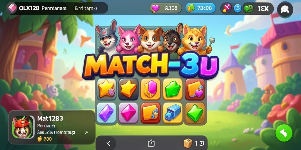 Screenshot OLX128 menampilkan gameplay Match-3 yang mengasyikkan.