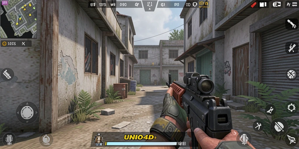 Tangkapan layar gameplay UNO4D yang menunjukkan aksi FPS mendebarkan.