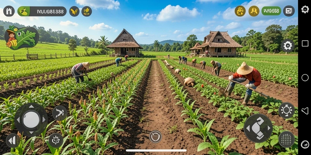 Screenshot gameplay VIRUS88 dengan suasana pertanian yang cerah dan menarik.