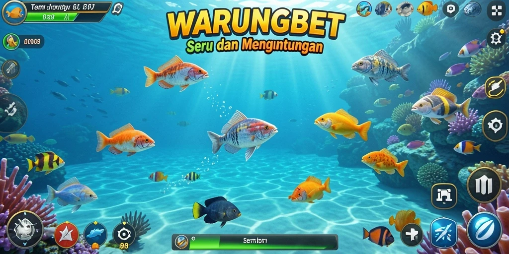 Tampilan gameplay seru dalam WARUNGBET saat menembak ikan di laut.